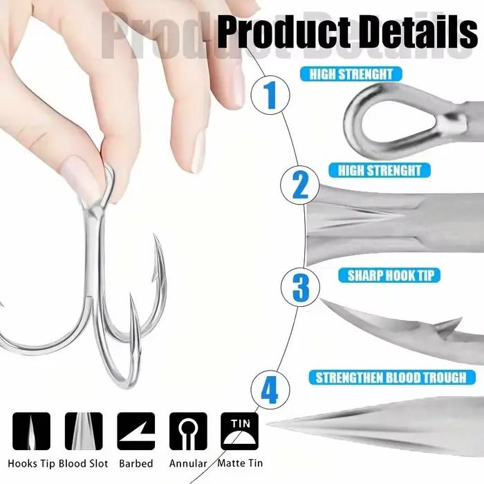 10 hameçons triples Cazulo acier inoxydable renforcé - Pour pêche en eau douce et mer