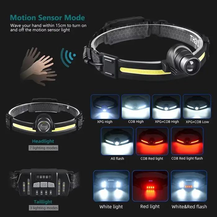 Lampe frontale pêche LED 7 modes XPE+COB avec capteur alimentation 18650 pour pêche et chasse