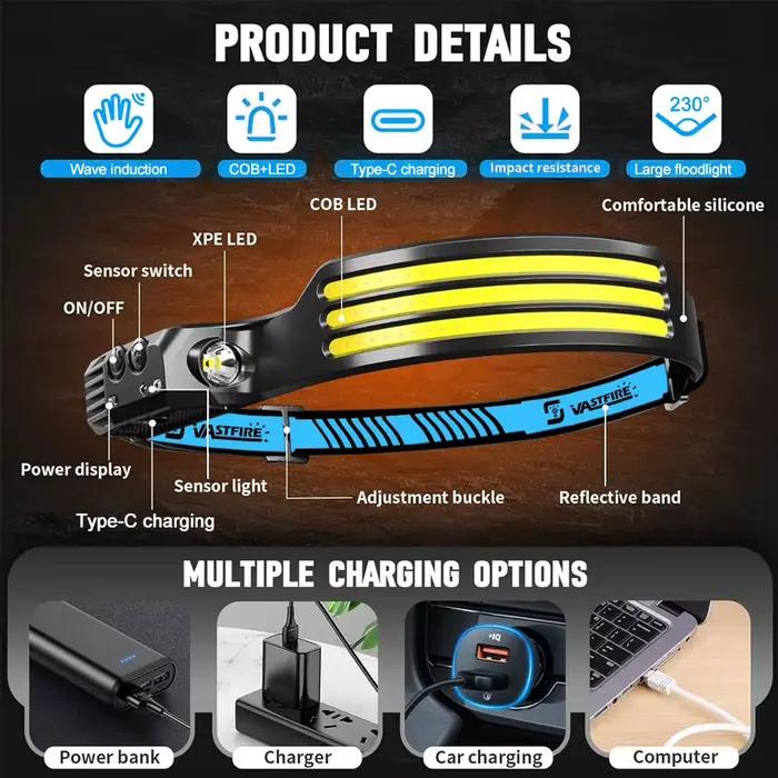 Lampe frontale COB à induction rechargeable intégrée pêche détecteur de mouvement étanche 1-5 pièces