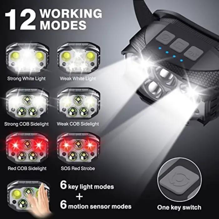 Lampe frontale LED rechargeable 1200 lumens détecteur de mouvement étanche pêche camping