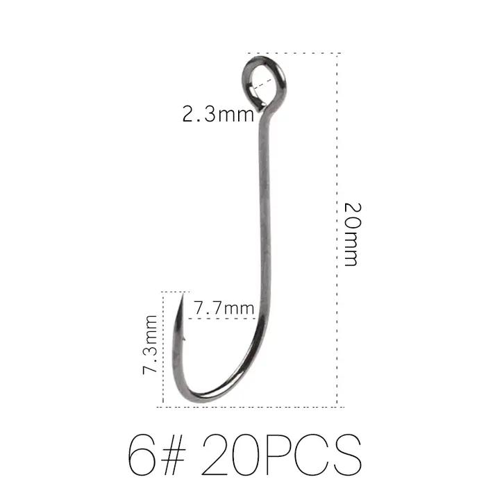 20 hameçons simples à grande anneau en acier carbone pour vers et leurres souples pêche carnassiers