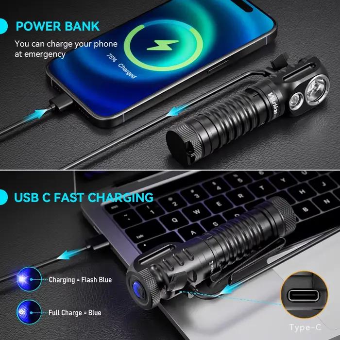 Wurkkos HD20 lampe frontale 2000LM magnétique IP68 avec power bank pour camping et pêche