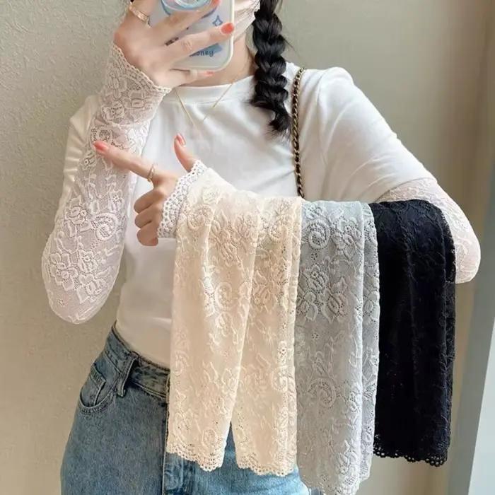 Manchons bras été soie glacée dentelle protection UV pêche conduite gants sans doigts noir blanc