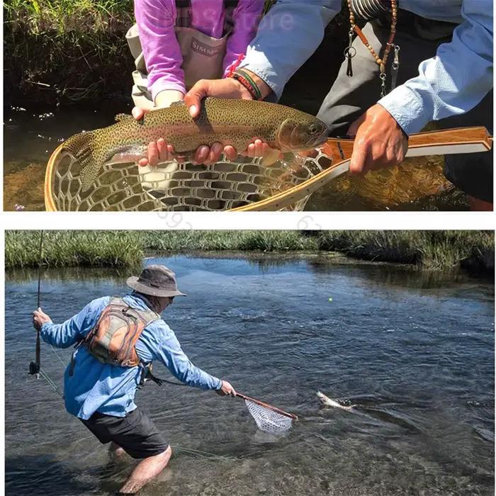 Fly Fishing Landing Nets Wooden Handle Transparent Rubber/Nylon Mesh Trout Mesh