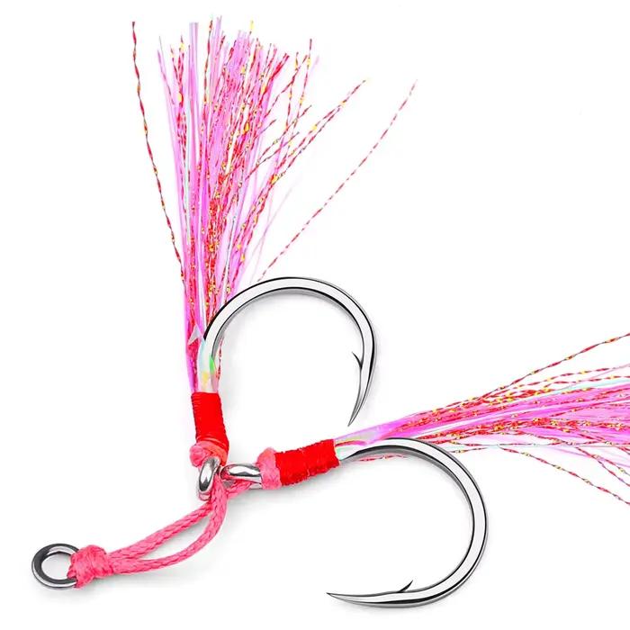 Hameçons assistés doubles barbelés 5 paires avec plumes roses pour pêche au jig accessoires