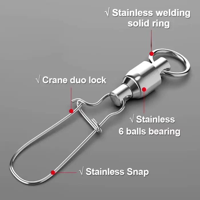 Émerillons à billes 10 pièces avec snap duo-lock - Connecteurs pêche acier inoxydable