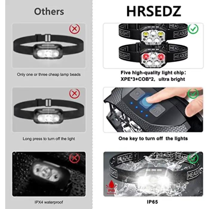 Lampe frontale led 1200 lumens rechargeable avec capteur de mouvement pour pêche en conditions humides camping randonnée cyclisme nuit