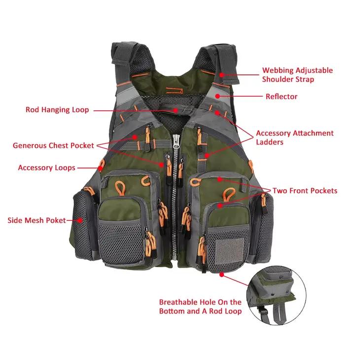 Gilet de pêche respirant Lixada, veste de sécurité multifonction pour la pêche fly et sports nautiques