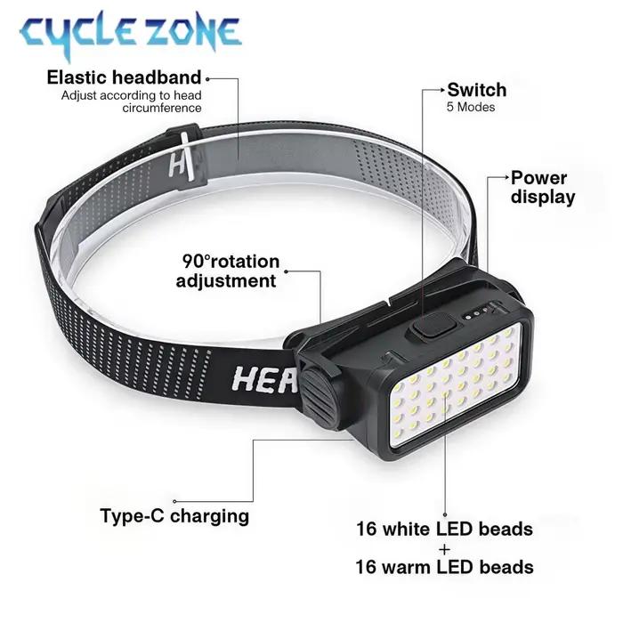 Lampe frontale rechargeable 32 LED 5 modes réglable pour aventures nocturnes pêche randonnée