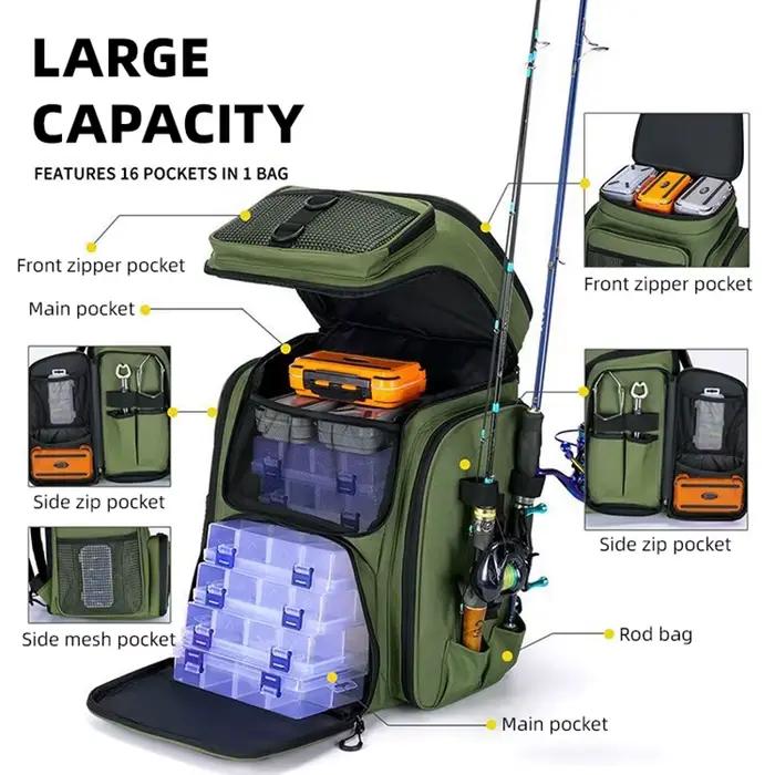 Sac de pêche 50L avec porte-cannes sac poitrine organisation leurres rangement sac à dos camping randonnée
