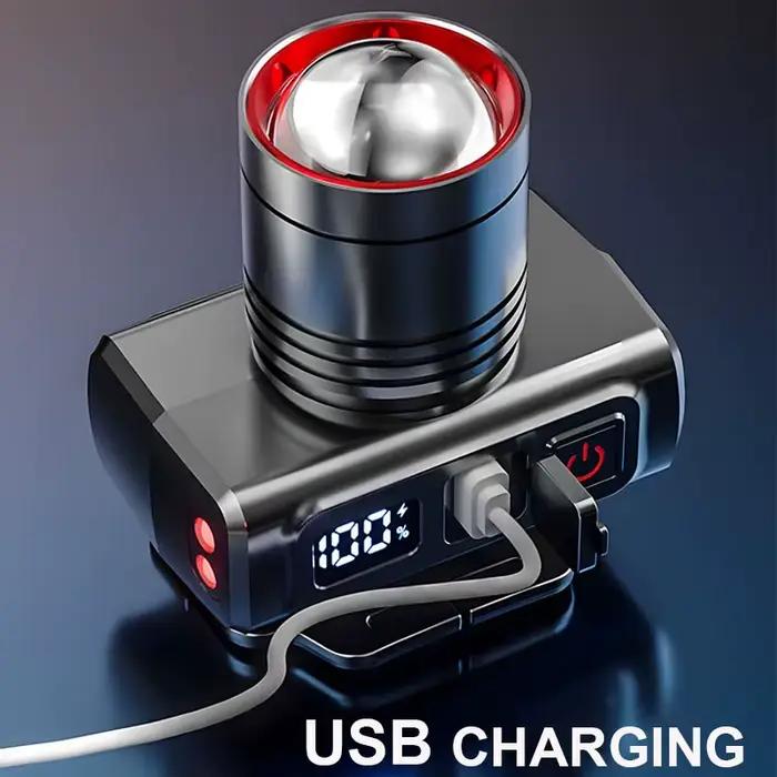 Lampe frontale rechargeable LED zoom ajustable étanche pour camping randonnée et pêche nocturne