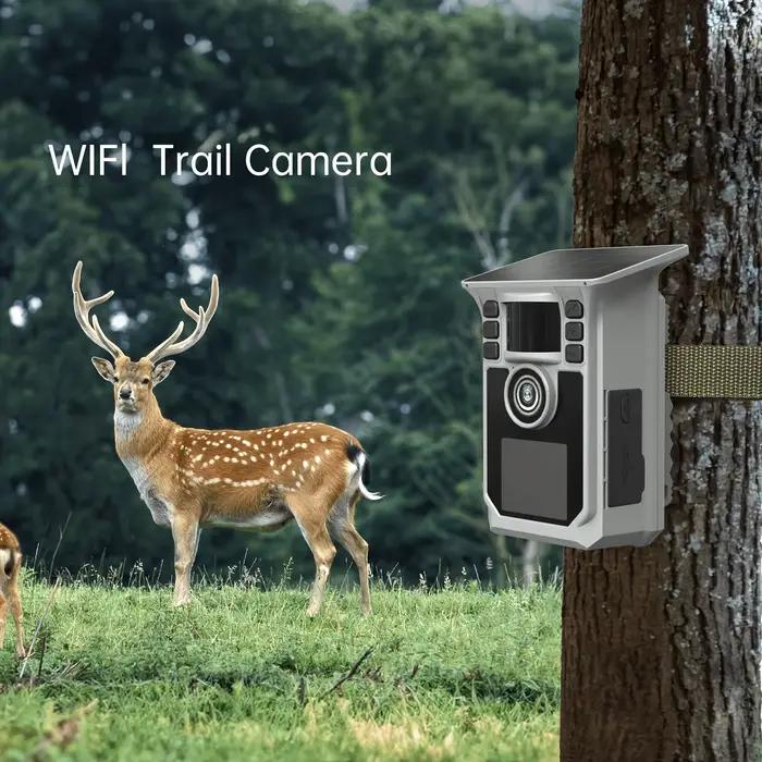 Caméra de chasse 4K 64MP WiFi solaire IP67 avec vision nocturne et détection de faune longue autonomie