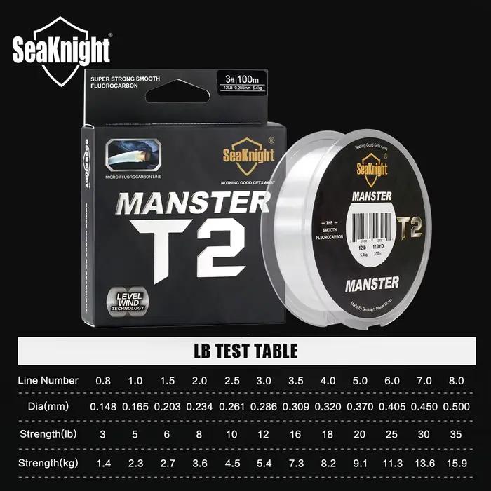 Ligne de pêche fluorocarbone 100% MANSTER T2 SeaKnight, 100M pour mer et surf, 3-35LB, fil carbone coulant