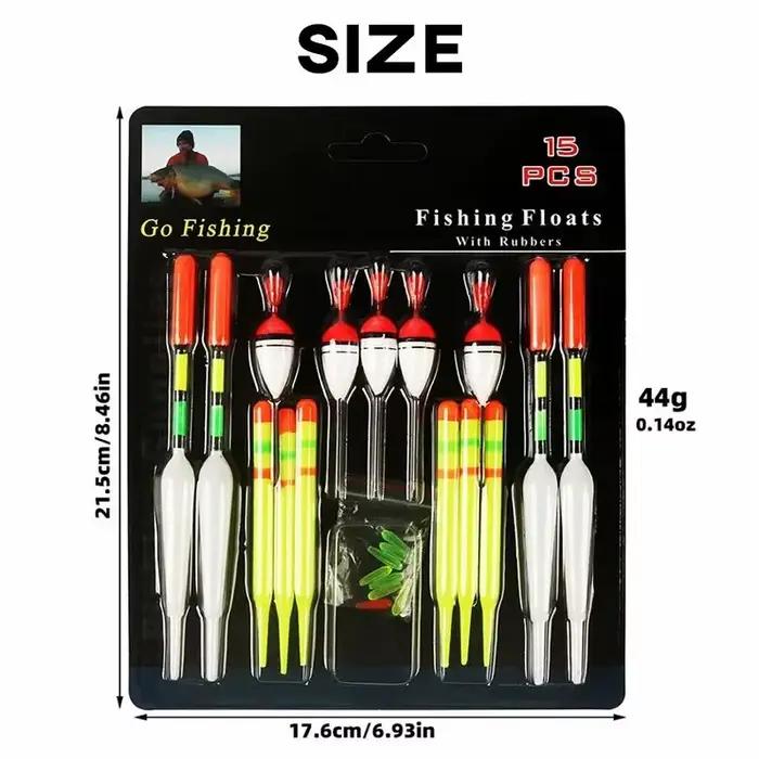 Set 15 flotteurs verticaux professionnels avec bâton lumineux pour pêche à la carpe