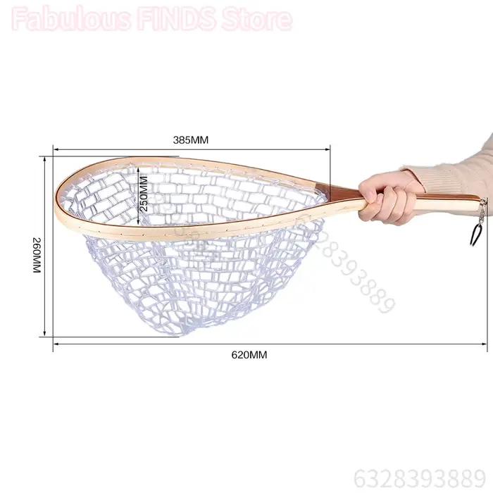 Épuisette pêche à la mouche manche bois maille caoutchouc transparent pour truite pêche no-kill rivière
