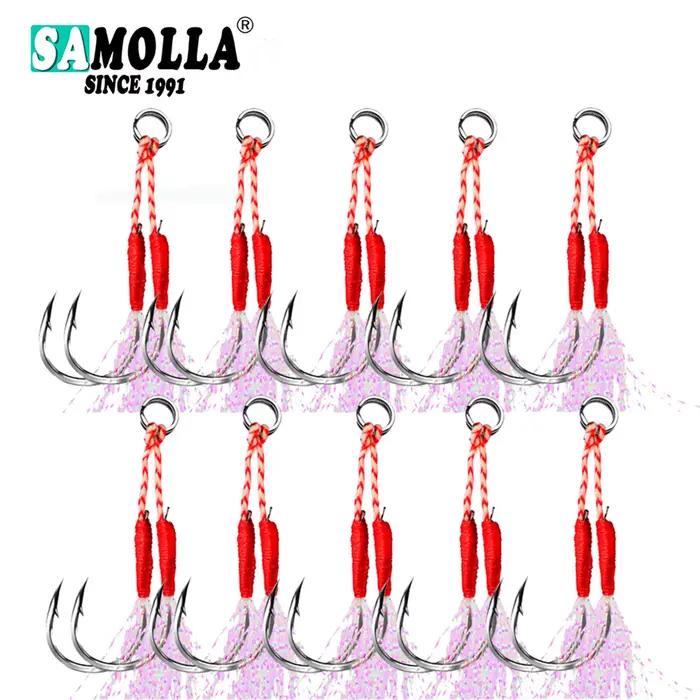 10 hameçons doubles plume jig pêche mer acier carbone haute résistance pour jigging lent