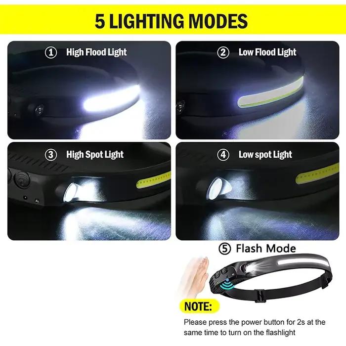 Pack de lampes frontales LED rechargeables USB avec capteur XPE+COB étanches pour pêche en groupe