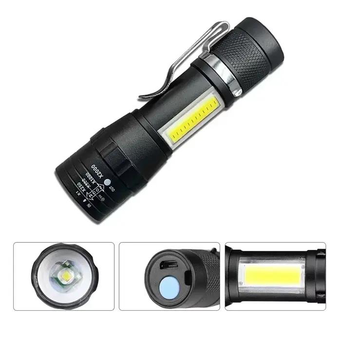 Lampe torche COB+XPE zoomable rechargeable USB pour camping, pêche et urgences longue portée