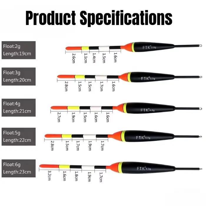 5 flotteurs de pêche haute visibilité néon avec âme bois et émerillon anti-torsion 2-5g pour eau