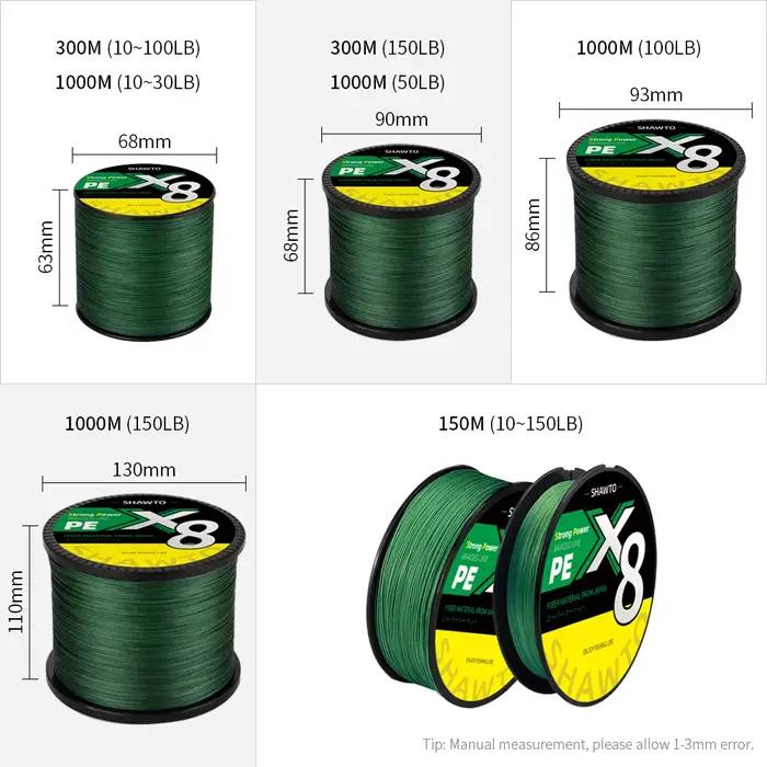 Ligne de Pêche PE Tressée Shawto X8 Multifilament 8 Brins, Haute Résistance 10LB à 150LB pour Pêche Sportive