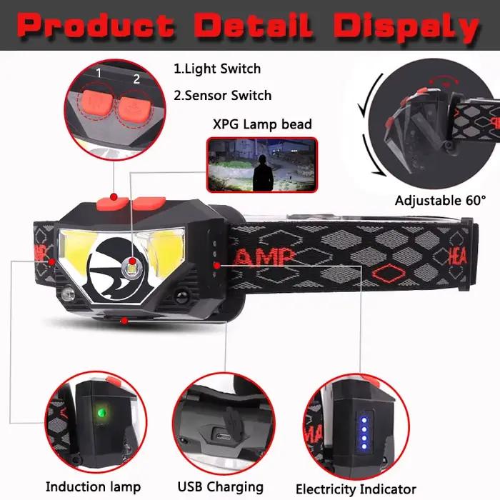 Lampe frontale LED détecteur de mouvement 6 modes - Frontale pêche rechargeable USB étanche XPE+COB