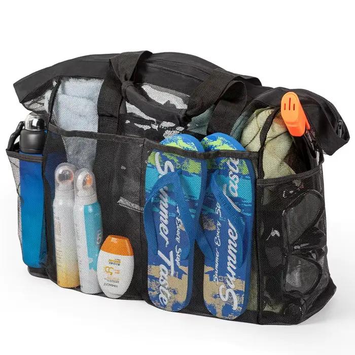 Grand sac plage léger étanche pliable avec poches filet sangles réglables épaule