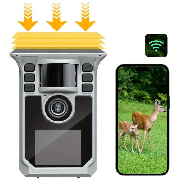 Caméra de chasse 4K 64MP WiFi solaire IP67 avec vision nocturne et détection de faune longue autonomie