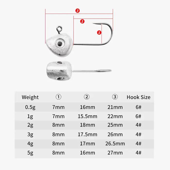 Lot de 10 hameçons jig tête plombée 0.5g à 5g avec yeux 3D pour leurres souples,