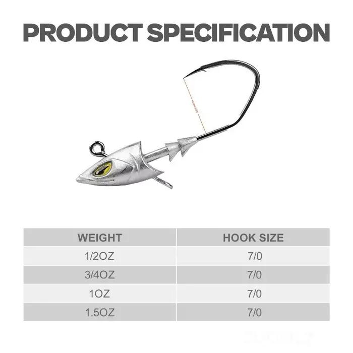 Hameçons plombés mer 5 pièces 14g à 42g pour bar et daurade - Tête poisson simulée avec porte-hameçon élargi