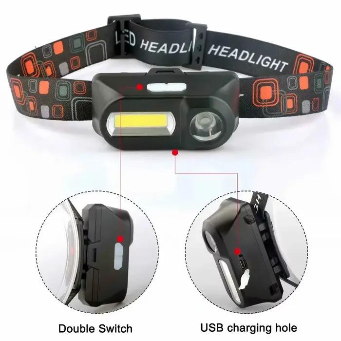 Mini lampe frontale pêche rechargeable USB - Double source lumière XPE+COB pour pêche nocturne