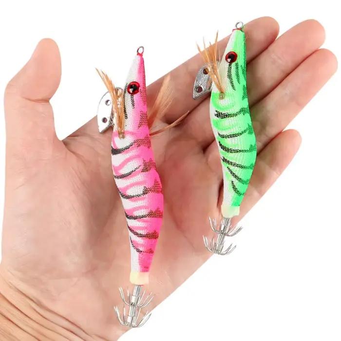 5 leurres pêche crevette bois lumineux yeux 3D wobbleur dur appât calmar octopus