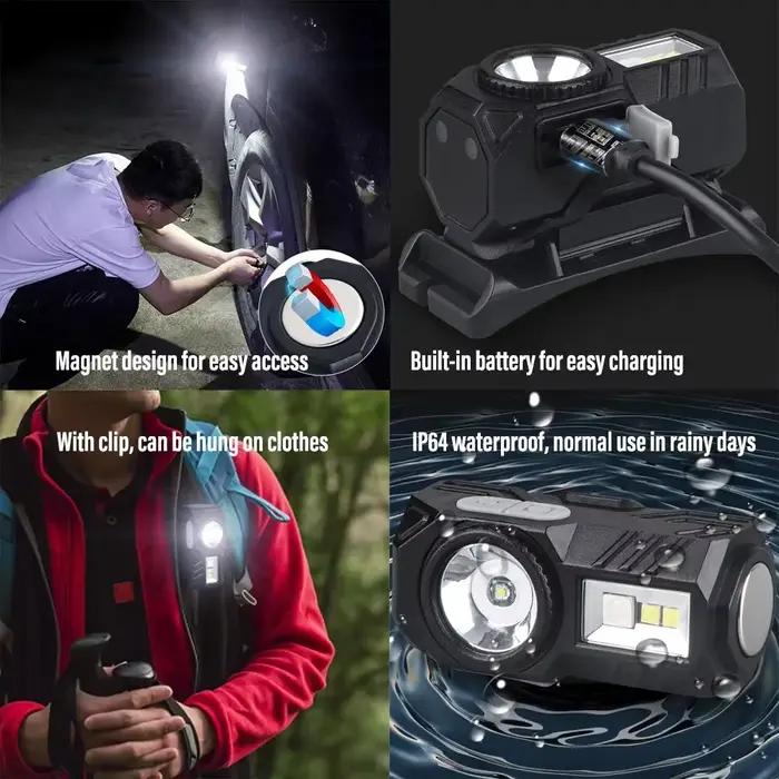 Mini lampe frontale LED avec aimant pour pêche et camping rechargeable USB et capteur de mouvement