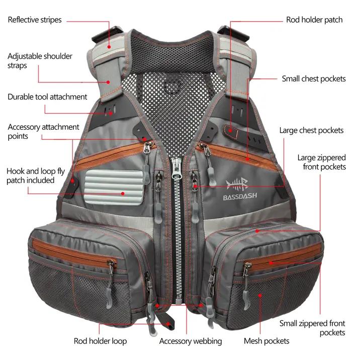 Gilet de pêche à la mouche Bassdash FV09 pour enfant et adolescent, taille ajustable et multiples