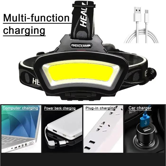 Lampe frontale COB LED puissante 4 modes - Rechargeable USB pour pêche et camping nocturne
