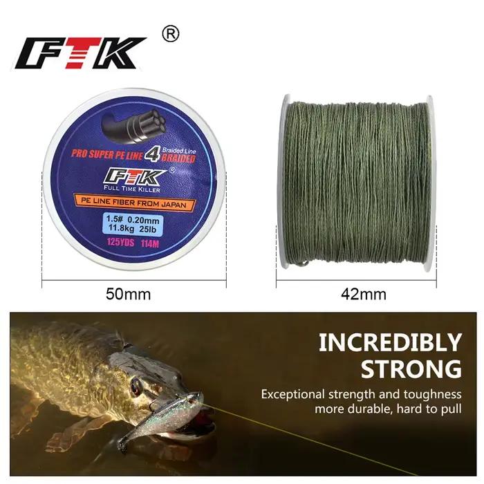 Ligne de Pêche Tressée Japonaise FTK 114M PE 4 Brins 125 Yards, Incroyablement Résistante 8LB à 60LB