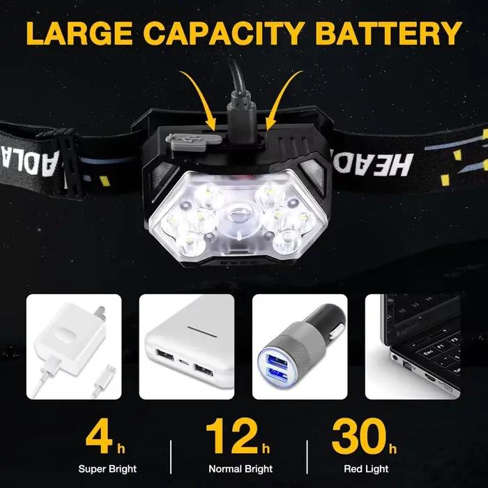 Lampe frontale 9 LED rechargeable USB détecteur mouvement - Frontale pêche camping puissante portable