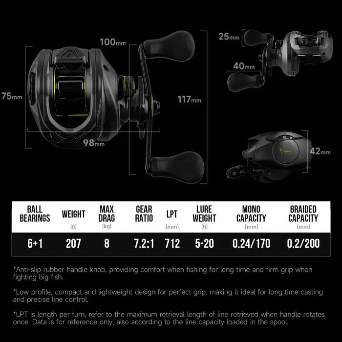 Moulinet baitcaster HANDING pour pêche en mer - 8KG max drag - 6+1 roulements - Ratio 7.2:1