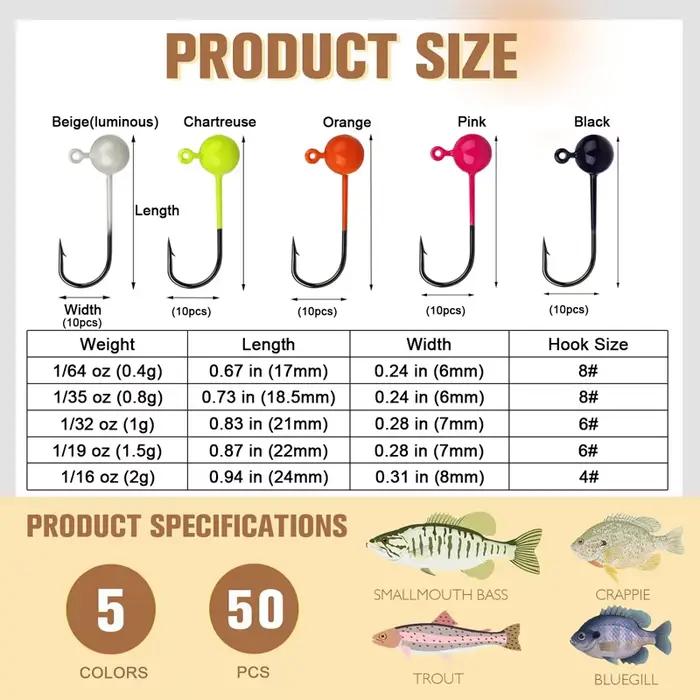 Set 50 hameçons jig tête plombée 0.4g à 2g barbelés tranchants pour leurres souples équipement pêche