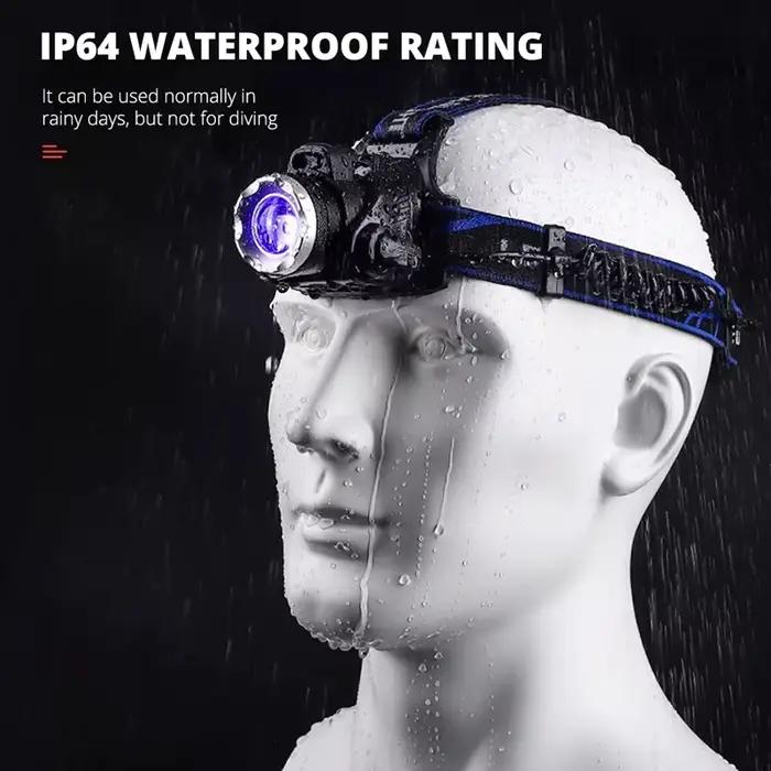 Lampe frontale LED T6 waterproof pour pêche - 3 modes et zoom, alimentation 2x18650 batteries