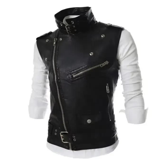 Gilet en cuir homme slim fit à col zippé, veste courte unie style coréen pour pêche
