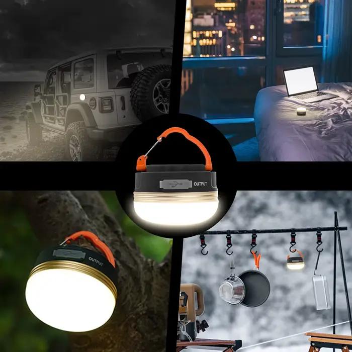 Lampe de camping rechargeable USB 1200mAh pour tente et pêche nocturne extérieure LED 10W avec modes d'éclairage ajustables et crochets pliables