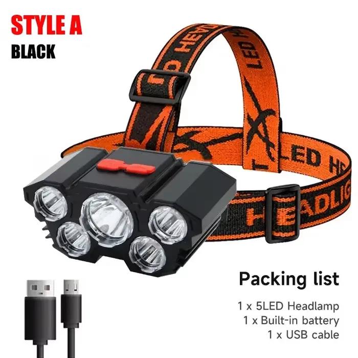 Lampe frontale 5 LED rechargeable pêche camping cyclisme lumière puissante longue autonomie
