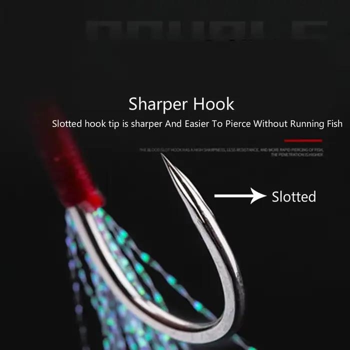 Lot de 10 hameçons doubles pour pêche jigging, plumes et acier haute carbone pour leurres de pêche lente