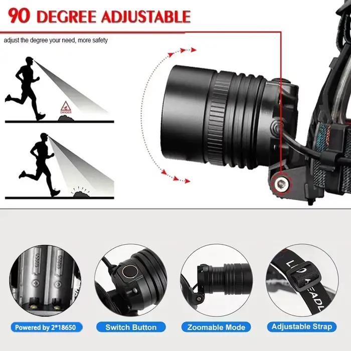 Lampe frontale pêche LED aluminium alliage super lumineuse rechargeable pour camping chasse pêche