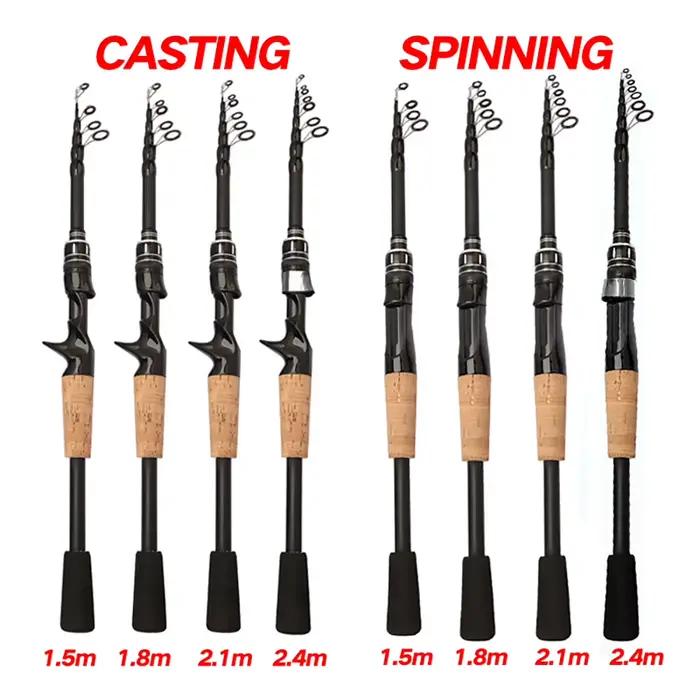Canne télescopique pêche leurres carbone 1.5m à 2.4m casting 8-25g manche bois pour pêche en déplacement
