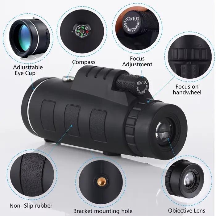 Télescope monoculaire 80x100 HD étanche - Portable longue portée avec trépied en alliage pour extérieur