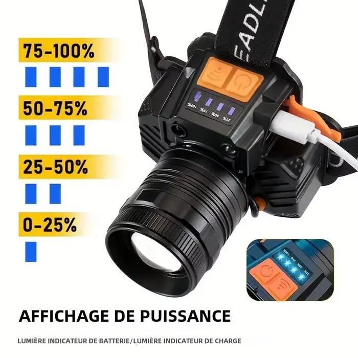 Frontale LED rechargeable 3 modes avec focus réglable 90° pour pêche, chasse et randonnée