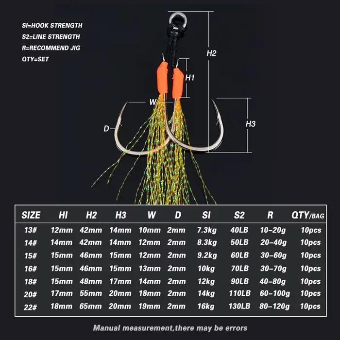 10 assist hooks métalliques avec plumes UV et anneau solide pour jigging de 10g à 120g pêche en mer