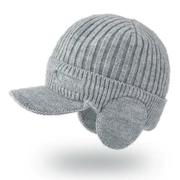 Bonnet laine épais protection oreilles pêche - Modèle coréen visière canard tricoté homme hiver