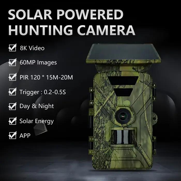 Caméra de chasse solaire WiFi 8K 60MP étanche IP66 pour surveillance extérieure des animaux nocturnes